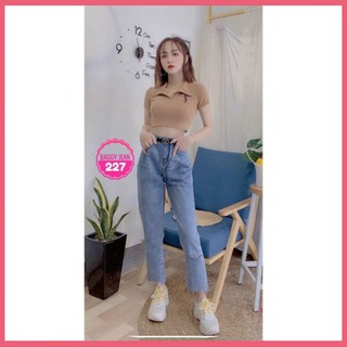 Quần Jean Baggy cạp cao rách gấu siêu cấp màu Xanh siêu đẹp - HT STORE