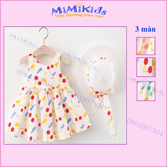 Váy đi biển/đầm đi biển/váy bé gái 2 quai họa cherry tiết xinh xắn, chất thô thoáng mát cho bé từ 1-4 tuổi