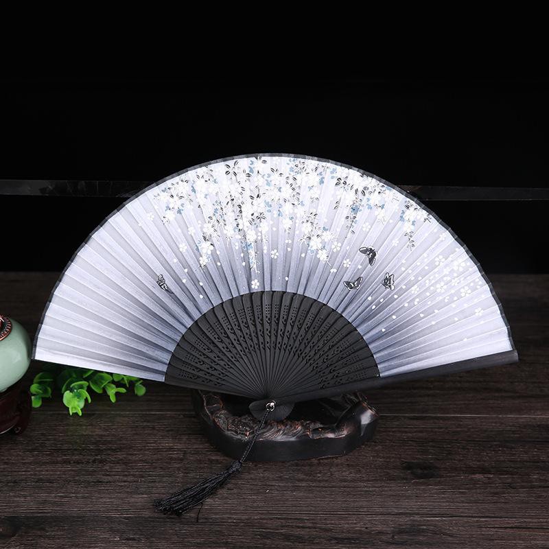 Quạt cổ trang xếp hồng cây chim đào song hỷ vải lụa nan trúc cầm tay gập gọn dây tuyến cosplay SaLe