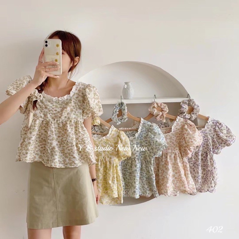 Áo thô baby doll kẻ caro cổ vuông viền ren mặc được hai mặt (kèm dây buộc tóc) Ulzzang style🌸 Hàng Quảng Châu