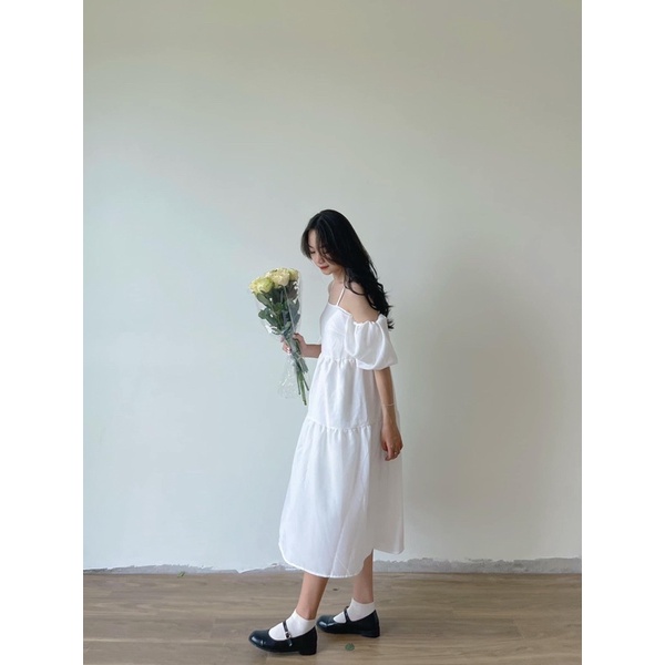 Váy 2 dây hai tay rời bo phồng dáng dài cực kỳ dễ thương