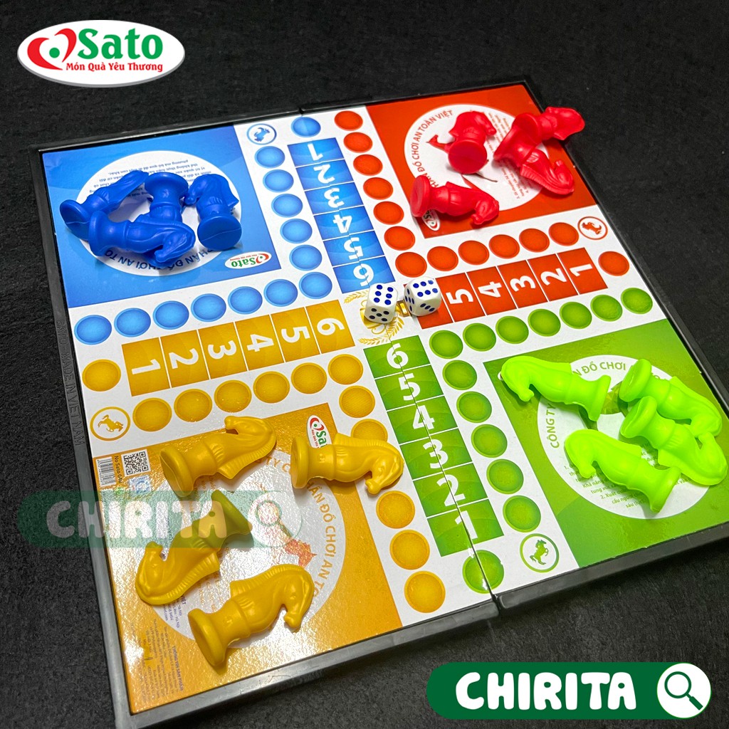 Cờ Cá Ngựa SATO (SIZE ĐẠI / TRUNG / VỪA) - Cờ Cá Ngựa BÀN NHỰA Cao Cấp + Xúc Xắc, Board Game Đồ Chơi Cho Bé CHIRITA