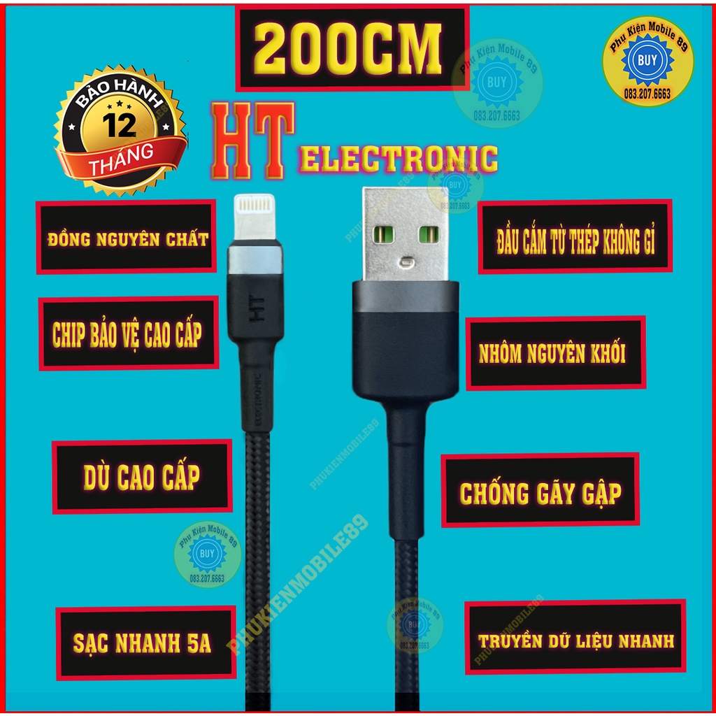 Dây sạc IPtablet táo dài 2M HT Electronic BC02 hỗ trợ sạc nhanh cho IP5 đến 13-Bọc dù chất lượng