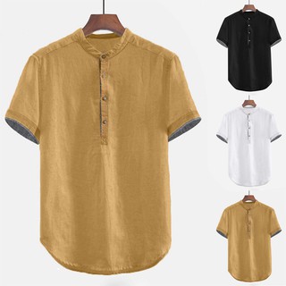 Men Baggy Solid Cotton Linen Short Sleeve Button Plus Size T Shirt Tops Blouse