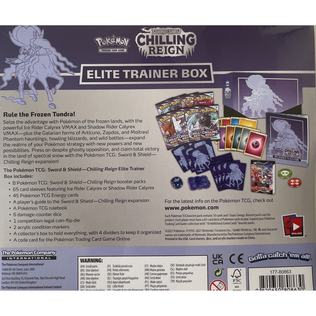 Hộp 8 gói thẻ bài Pokemon TCG - Sword & Shield Chilling Reign Elite Trainer Box Ice/Shadow Rider Calyrex