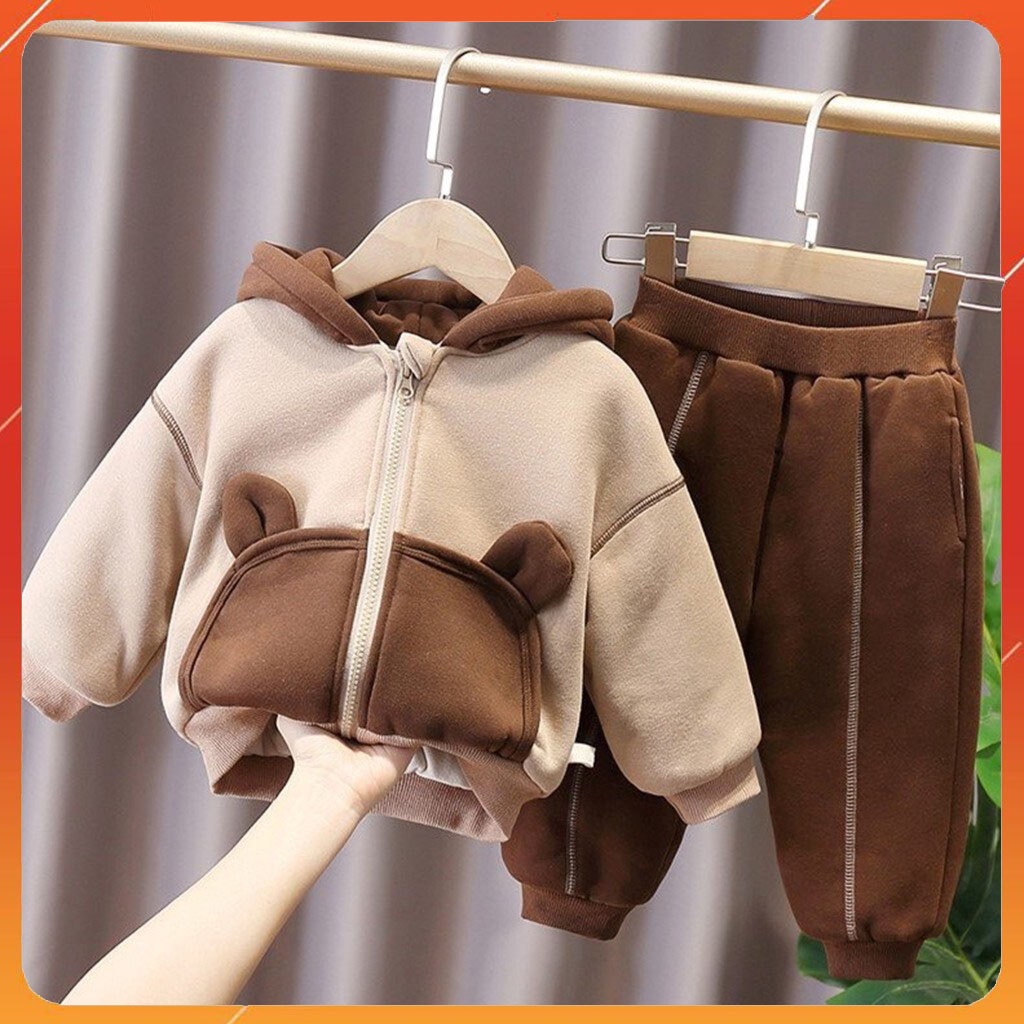 Bộ nỉ cho bé trai bé gái DOLY KIDS ,Bộ quần áo khoác nỉ cho bé trai bé gái hình tai gấu cho bé Mã NG02 từ 7-27kg