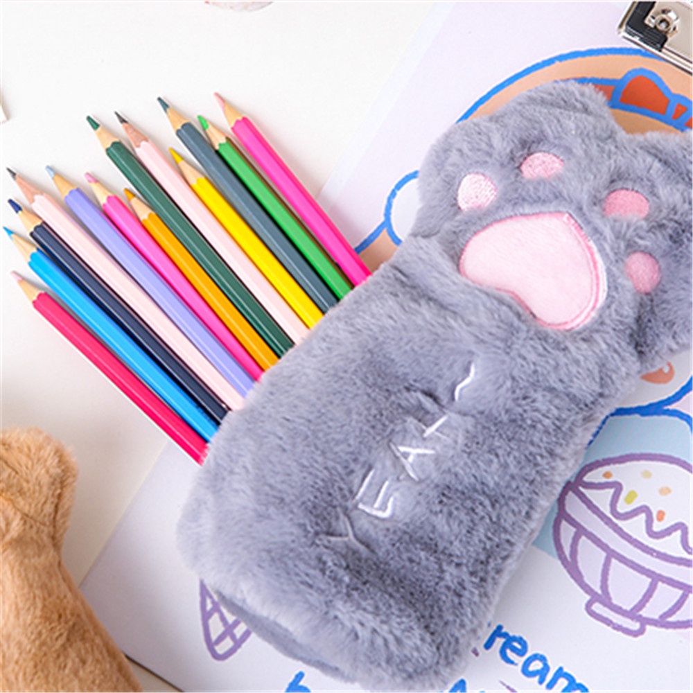 Túi Đựng Bút/ Mỹ Phẩm Hình Chân Mèo Phủ Lông Dễ Thương Sức Chứa Lớn Tiện Dụng Cho Trường Học/ Văn Phòng