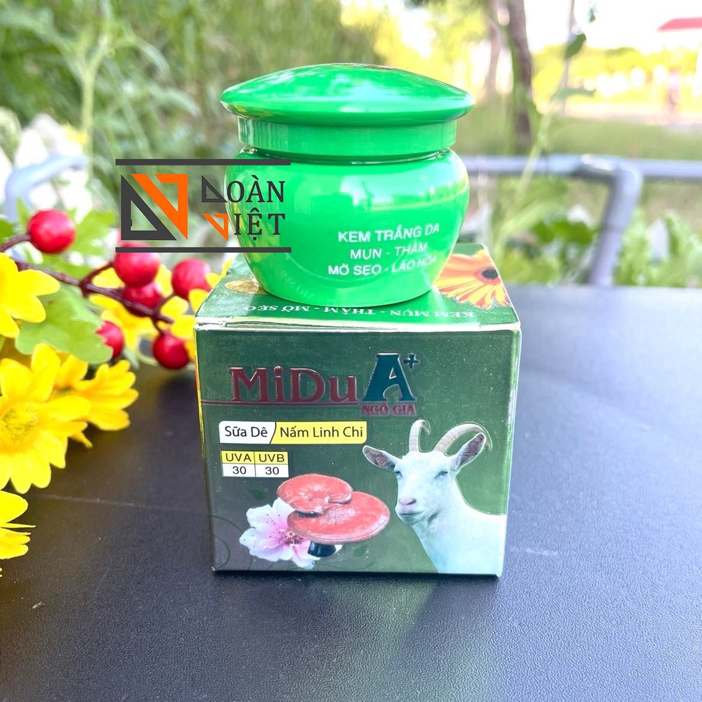 Kem FACE Mụn, Thâm , Đồi mồi, Mờ sẹo, dưỡng da trắng hồng mịn màng Midu A+ 15g . Sữa dê và nấm linh chi an toàn cho da