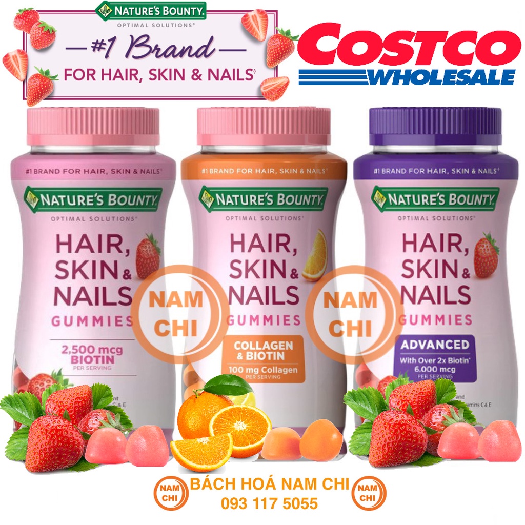 Kẹo Dẻo Nature's Bounty Hair Skin & Nails Gummies Làm Đẹp Da Hỗ Trợ Mọc Tóc Cho Móng Tay Chắc Khỏe (CHUẨN MỸ COSTCO USA)