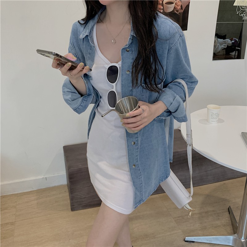 (Ảnh thật) Set áo sơ mi jean denim và đầm ôm trắng cổ V Hàn Quốc