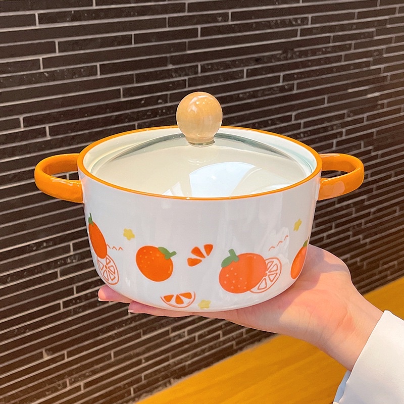 Tô ăn mì trái cây, tô nắp kính tiện lợi, bát sứ 2 quai có nắp hình hoa quả siêu xinh