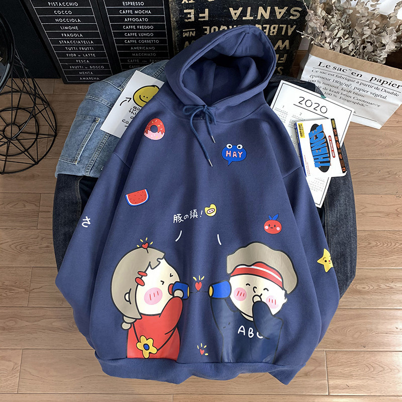 Áo sweater dáng rộng dài tay in hình hoạt họa có mũ trùm thời trang thu đông Hàn Quốc cho nam | BigBuy360 - bigbuy360.vn