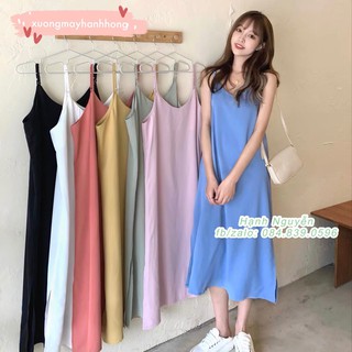 Váy 2 dây chất đũi xẻ tà, đầm 2 dây trơn đi biển