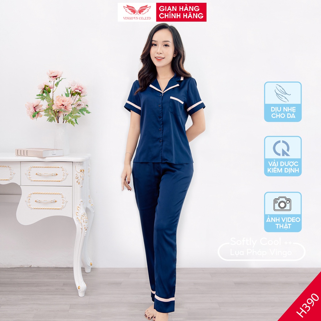 Đồ Bộ Ngủ Nữ Pijama Mặc Nhà VINGO Chất Liệu Lụa Pháp Trơn Cao Cấp Tay Cộc Quần Dài Thanh Lịch Hiện Đại H390 VNGO