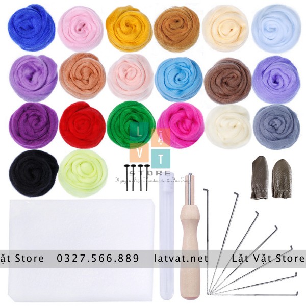 Combo len chọc 20 màu dành cho người mới bắt đầu có kèm dụng cụ - Combo needle felting