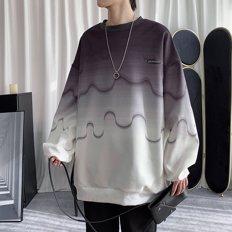 Áo thun tay dài cổ tròn dáng rộng bằng cotton màu sắc độc đáo thời trang xuân thu cho nam