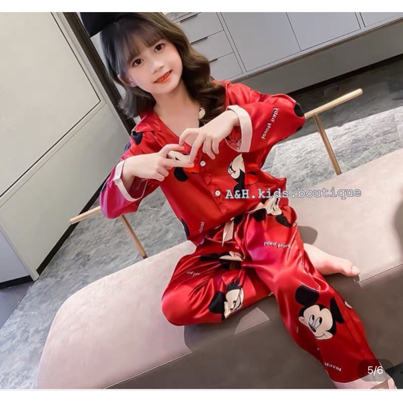 (jean baby kho sỉ)bộ ngủ,pijama  dài tay vải lụa hoạ tiết cao cấp cho bé gái (10-23kg)