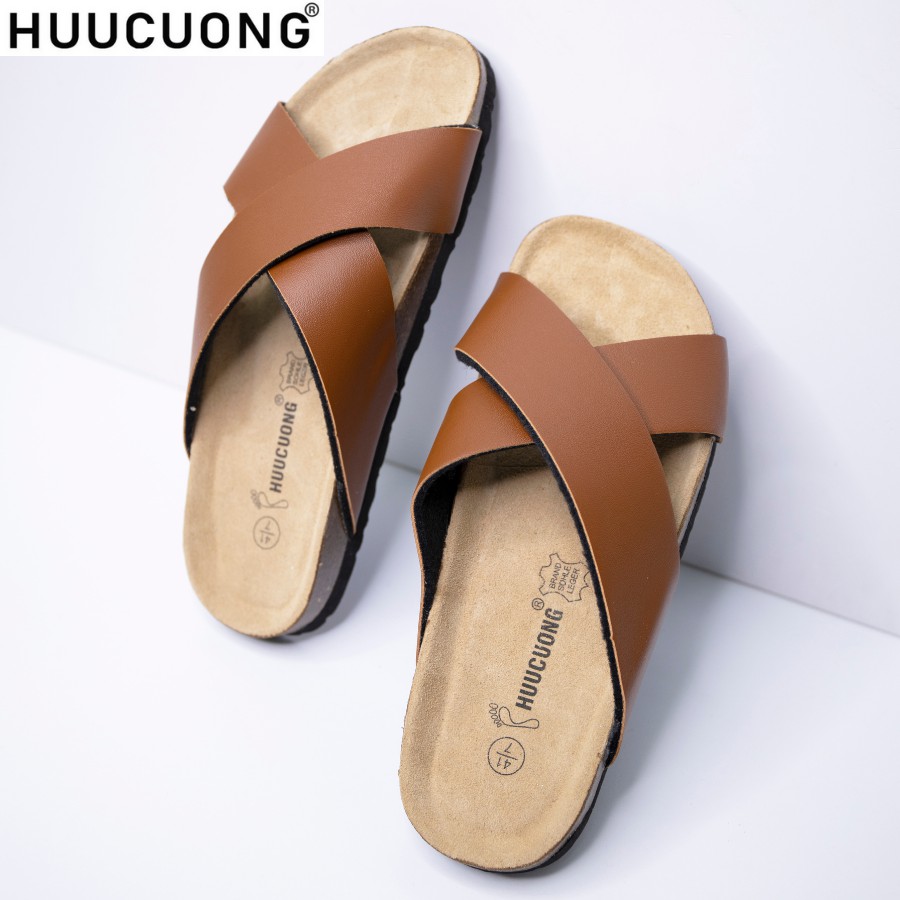 Dép unisex HuuCuong quai chéo pu nâu đế trấu handmade