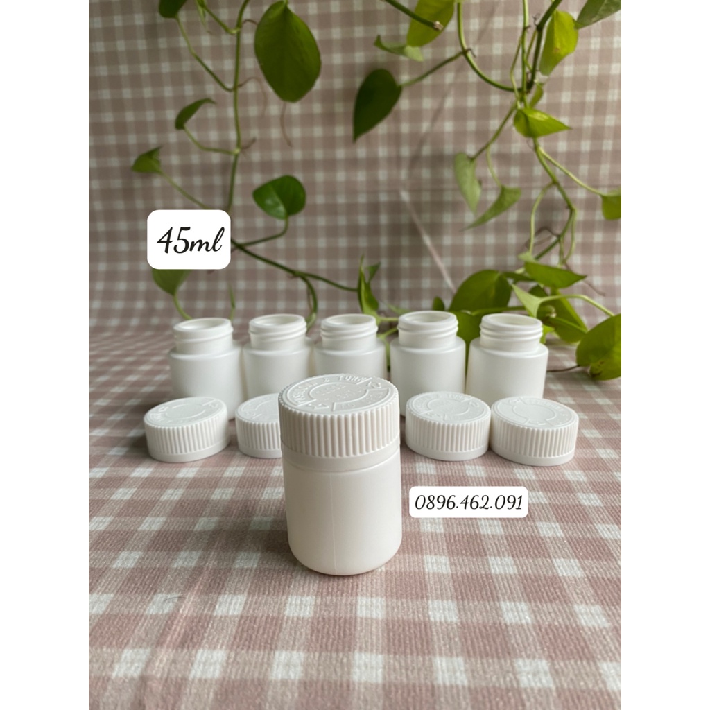 Chai lọ nhựa đựng viên nang,viên nén, viên hoàn, dược phẩm HDPE 45ml đi kèm màng siu tự dính,hút ẩm 1g