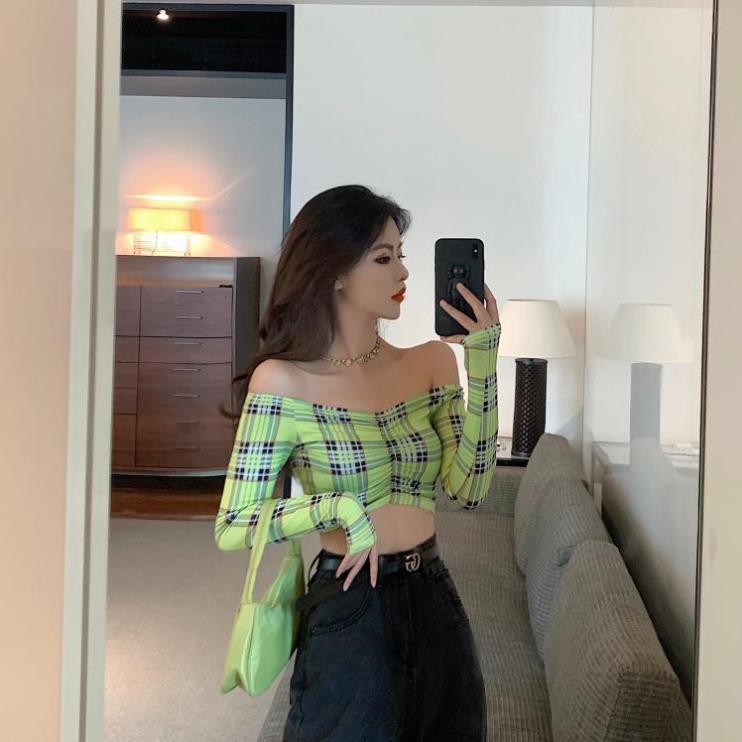 Áo croptop hở bụng nữ tay dài hạ vai gợi cảm sọc xanh lá ulzzang 💗