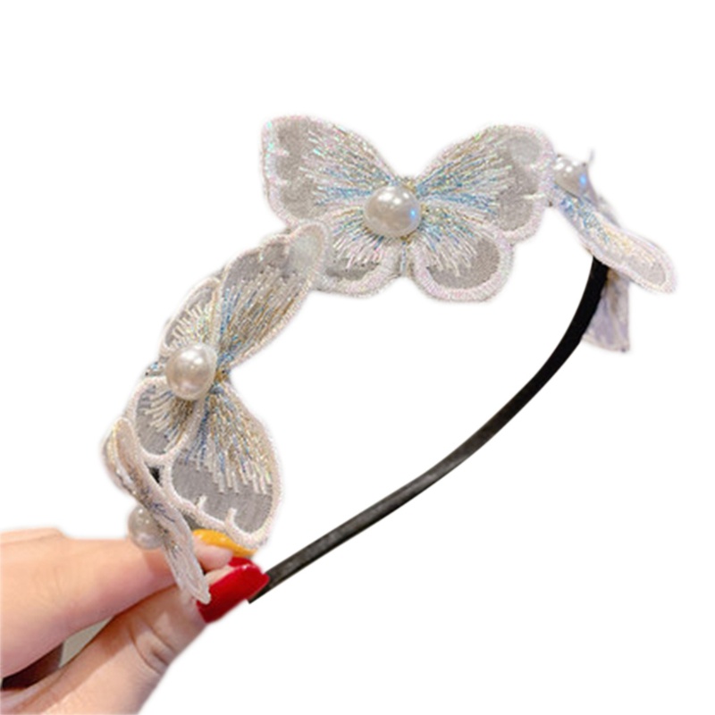 Băng Đô Cài Tóc Co Giãn Thêu Hình Bướm &amp; Ngọc Trai Handmade Cho Nữ