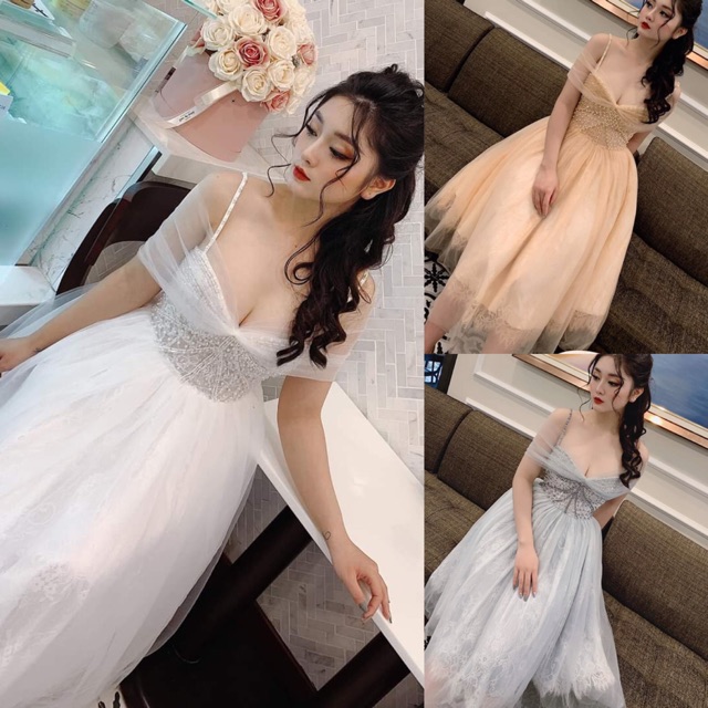 👗Đầm dạ hội thiết kế độc quyền - Đủ size S,M,L - Đầm ren mi rớt vai lưới phũ kết chuỗi