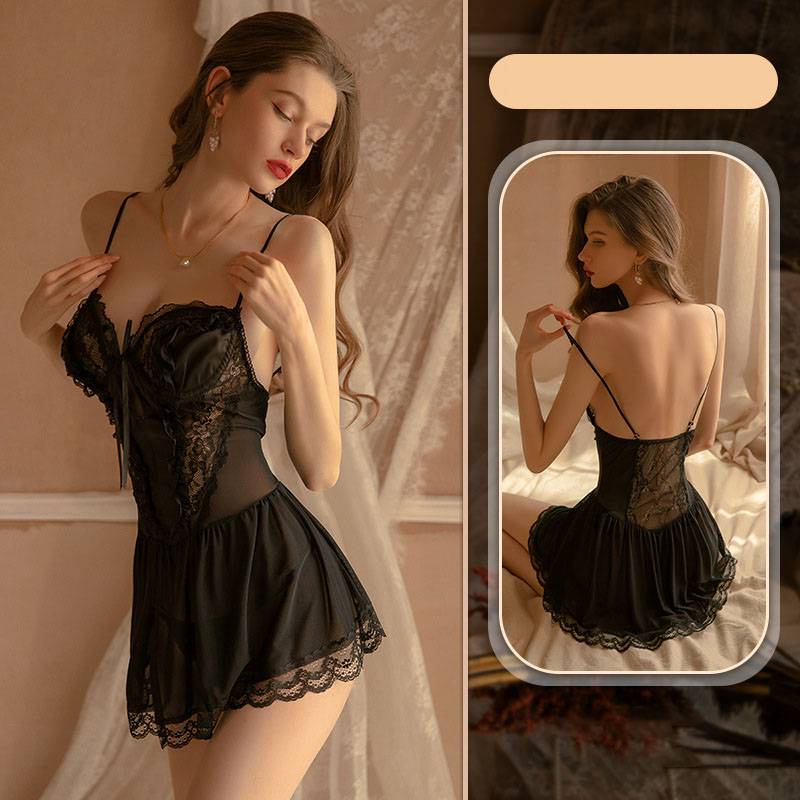 Đầm ngủ hai dây phối ren cổ chữ V khoét sâu gợi cảm cho nữ