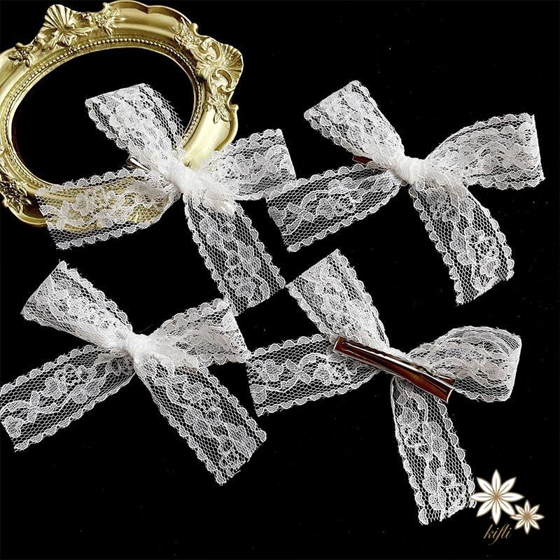 Kẹp tóc thắt nơ bằng vải ren màu trắng đơn giản dễ thương dành cho nữ