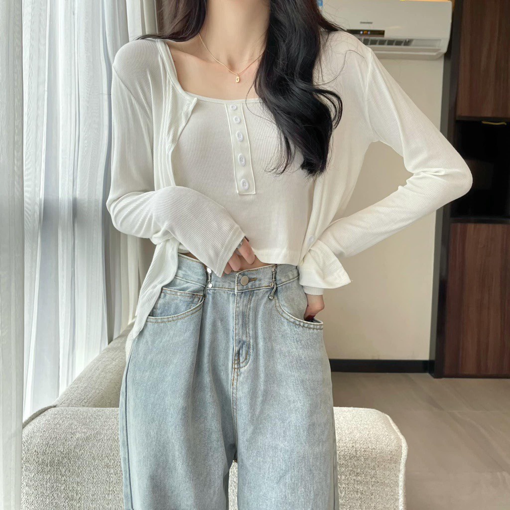 Set áo TRỤ khoác cardigan len dài tay và áo hai dây 3 màu trắng, đen, xám, chất vải mềm mịn 002