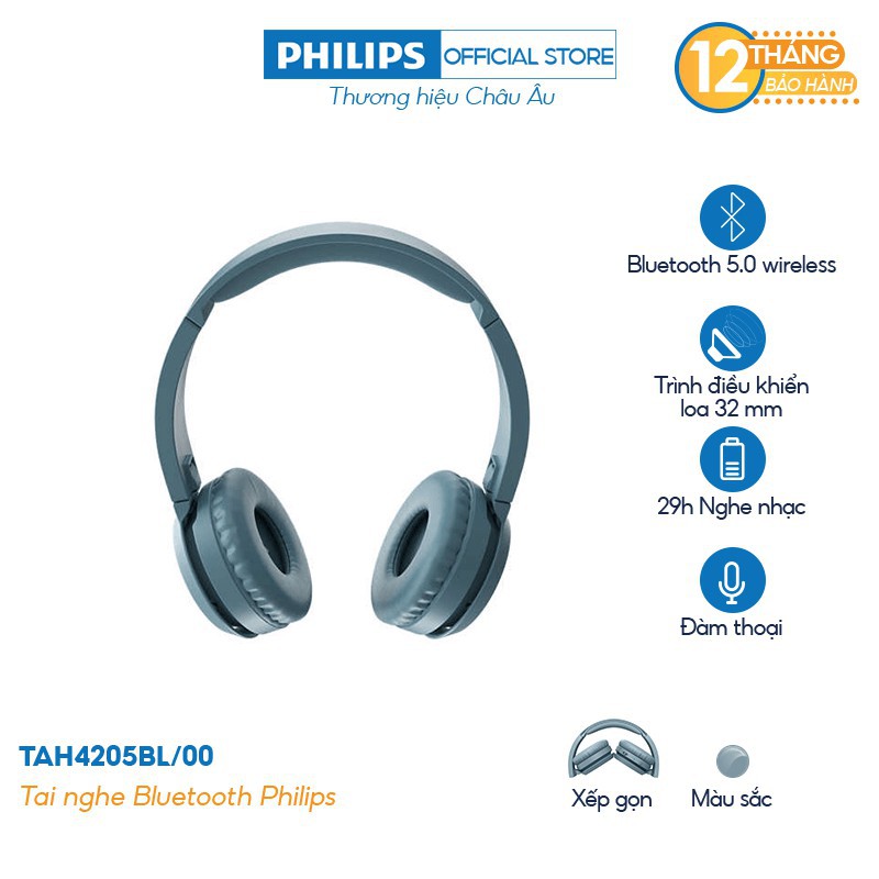 [Mã 267ELSALE hoàn 7% xu đơn 300K] Tai nghe Philips Bluetooth TAH4205BL/00 - Màu xanh - Hàng Chính Hãng