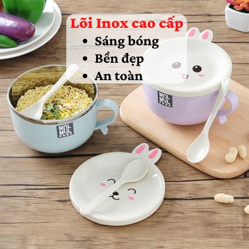 [Tặng kèm thìa] Bát ăn mì 🥗 Tô úp mì inox 2 lớp có nắp chống nóng cao cấp bát ăn cho bé nắp hình thú dễ thương