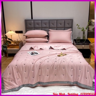 Tron bộ chăn ga gối lụa tencel tim phối mầu, set 4 món chăn hè ga gối lụa tencel cho mùa hè mát lạnh