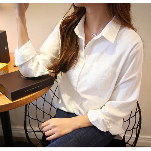 SUXI Áo kiểu Cotton trắng form rộng tay dài 8283 #