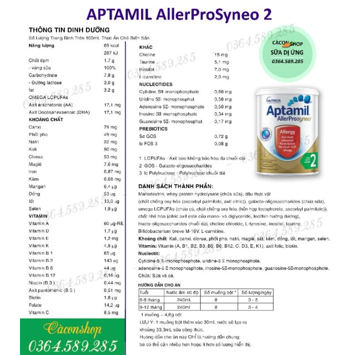 Sữa Aptamil AllerPro Syneo Úc số 2 900g