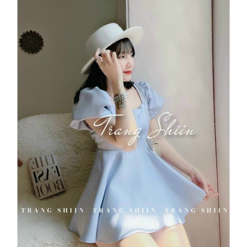 Set áo babydoll xanh dương tay phồng thắt dây nơ hở lưng + quần short trắng