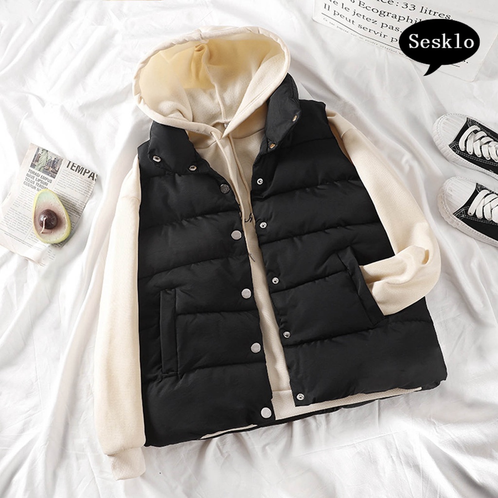 Áo khoác phao không tay phối túi và nút cài thời trang mùa thu và đông dành cho nữ | BigBuy360 - bigbuy360.vn
