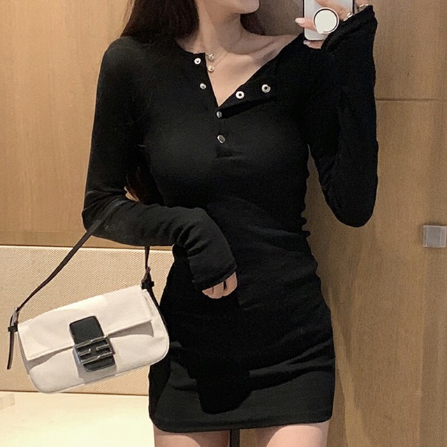 Váy dài tay nút bấm body vải co dãn (ap) | BigBuy360 - bigbuy360.vn