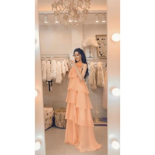 Đầm maxi voan lụa 5 tầng gắn hoa