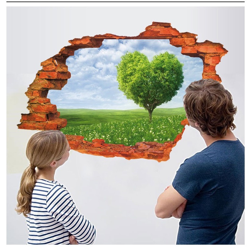 Decal dán tường 3D Trái tim xanh trang trí nhà cửa sáng tạo