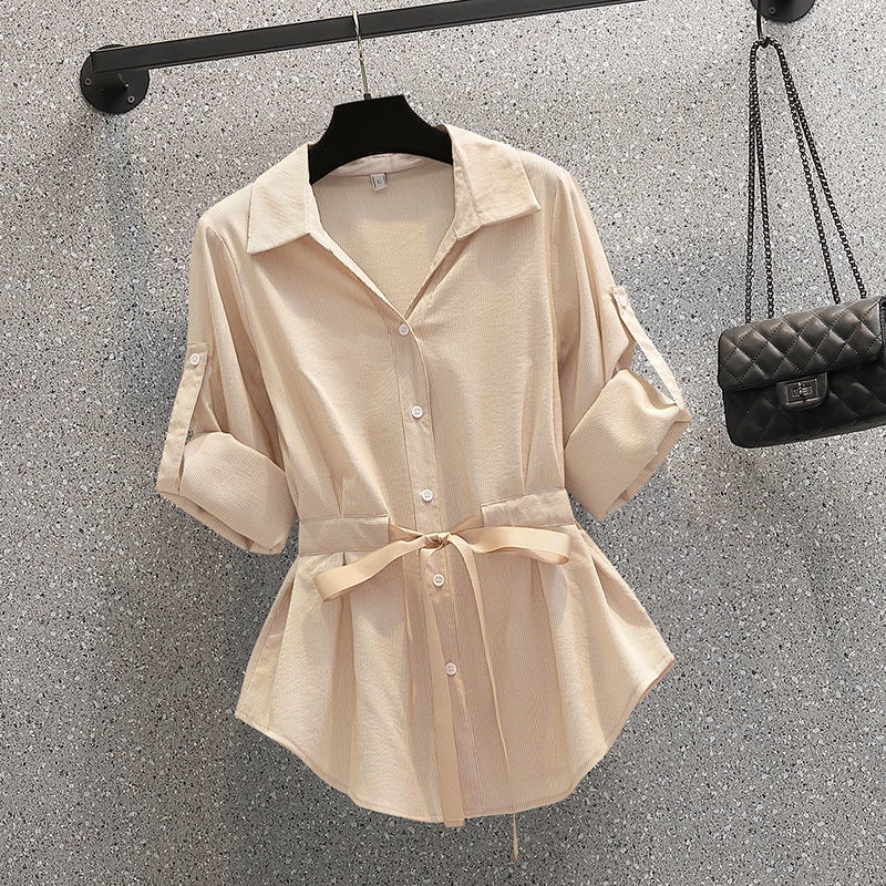 Women's fashionable waist-covered short-sleeved shirt + casual micro-trousers two-piece suit