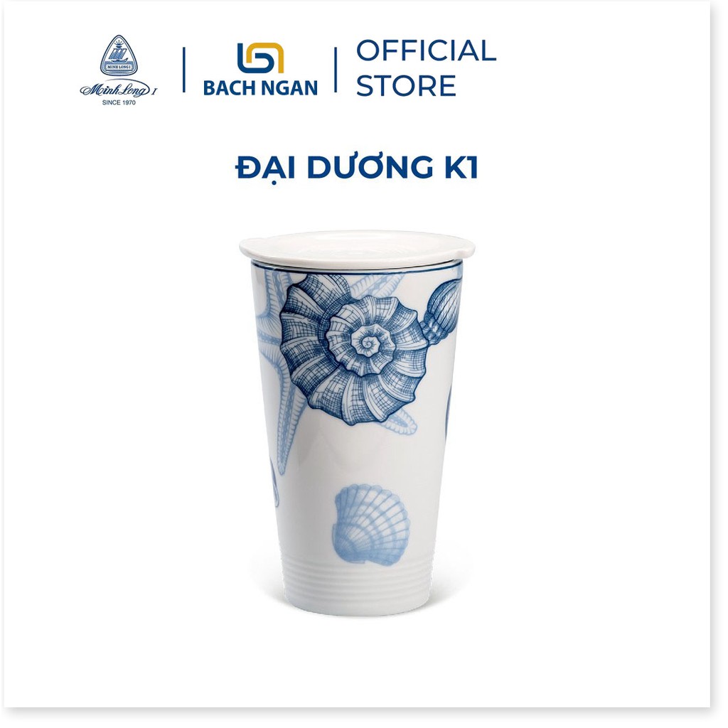 Ly sứ dưỡng sinh Minh Long 0.48 L - Đại Dương K1, có nắp dùng để uống trà, cafe kiểu dáng sang trọng,cao cấp, giữ nhiệt