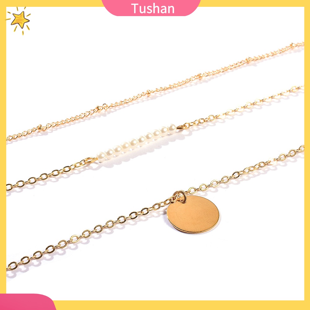 Dây chuyền ba lớp đính ngọc trai mặt tròn thời trang sang trọng