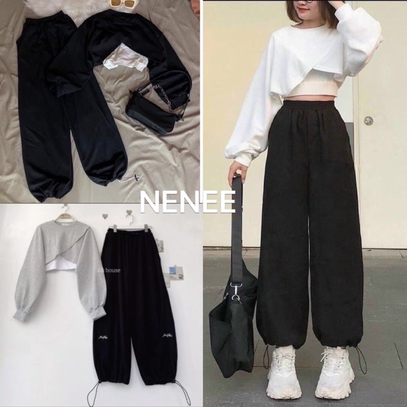 Sét bộ thể thao 3 món unisex ❤️áo croptop tay bồng kèm quần jogger ống bom,áo 2 dây chất nỉ hàn phong cách ulzzang,NENEE