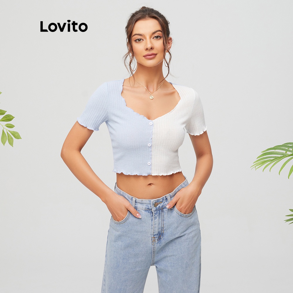 Lovito áo thun cổ tròn phối màu tương phản L11D14