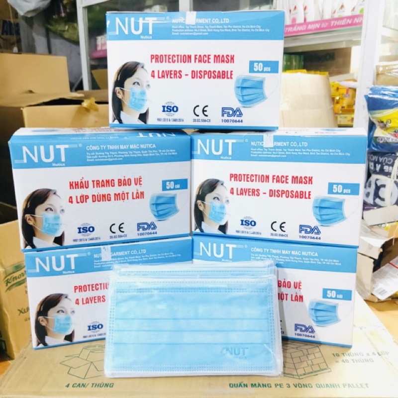 Hộp 50 Khẩu Trang NUT Xanh 4 Lớp Dày - Có Túi Riêng