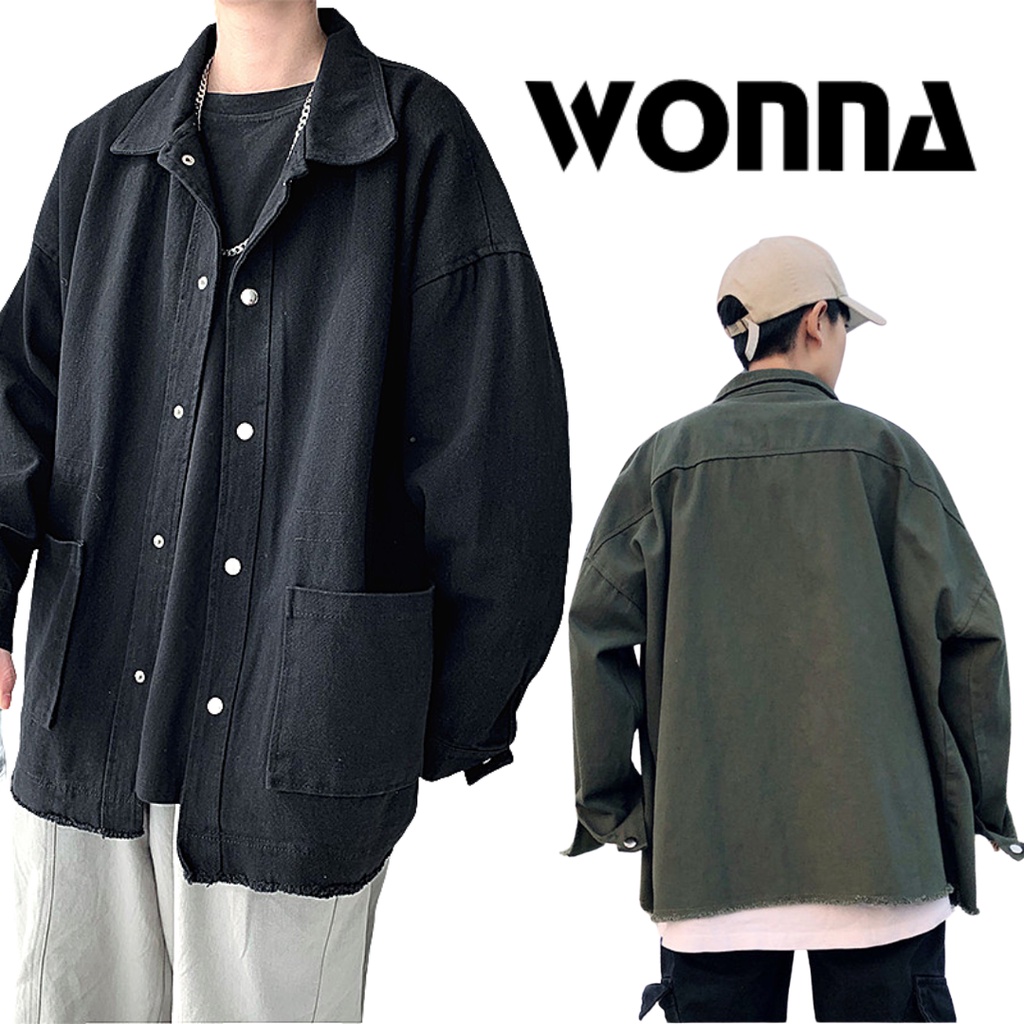 Áo khoác denim unisex sơ mi cổ thuyền tay dài jacket cho nam nữ Quảng Châu basic nút bấm màu xanh rêu đen