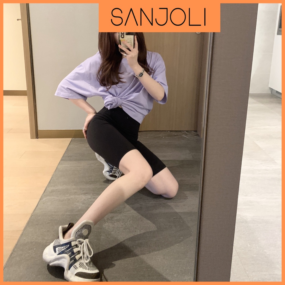 Quần legging nữ SANJOLI nâng mông lưng cạp cao vải thun dày dặn đùi ngố lửng ôm body bó mặc nhà tập gym yoga QD007