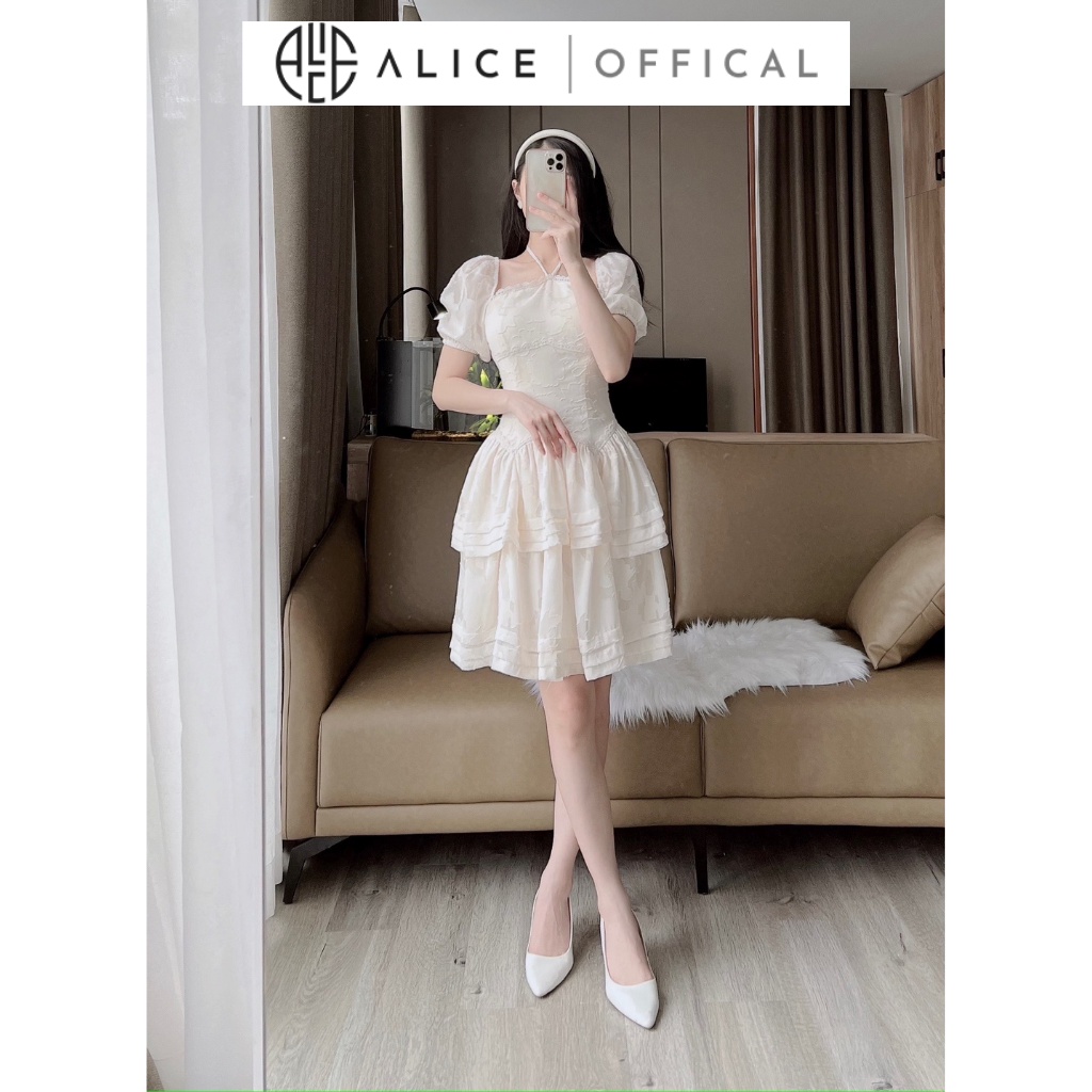 Váy Tiểu Thư Tay Bồng Cổ Yếm ALICE Chất Liệu Voan Hoa Nổi Thiết Kế Dáng 2 Tầng Sang Chảnh V820