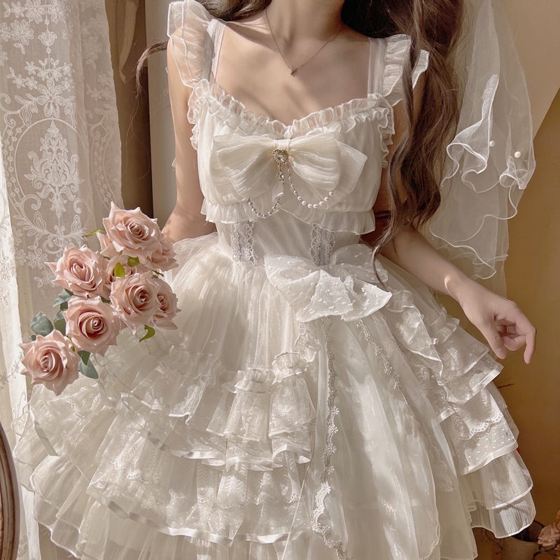 Đầm Hai Dây Màu Trắng Thiết Kế Chính Hãng Hoa Nhẹ Nhàng Phong Cách Lolita Cho Cô Dâu Đám Cưới