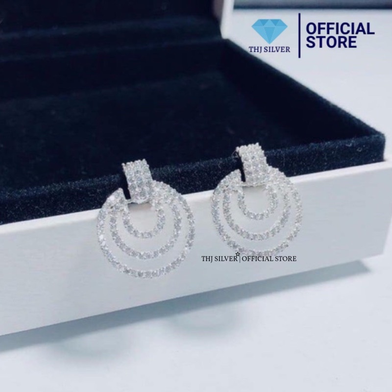 Bông tai vòng tròn đính đá -Bông tai nữ bạc ta THJ